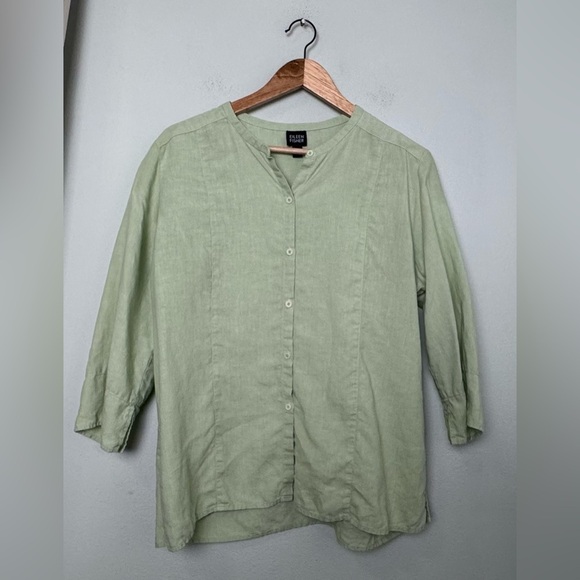 Eileen Fisher% Linen Green Button Front Boxy Tunic Size Large - Picture 3 of 13